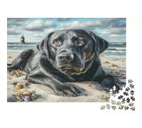 Pet Dog Cardboard Black Lab Lying on Sandy Beach Premium Jigsaw Puzzle for Seniors Brain Training 38x26cm/1000pcs
