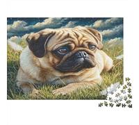 Pet Dog Cardboard Pug Lying in Grass with Feathers Premium Jigsaw Puzzle Brain Training Home Decor 70x50cm/1000pcs