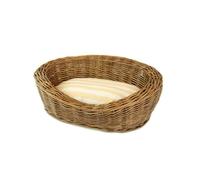 Pet Dog Cat Bed Wicker Willow Basket Round in Brown with Striped Cushion - Small
