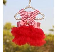 Pet Dog Cat Dress, Red Tulle Tutu with Striped Bow, Size XS