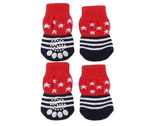 Pet Dog Cat Non-Slip Socks with Paw Prints, Star Stripes Design, Cotton Material, Red Black White, Set of 4 (#1, M)