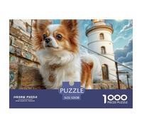 Pet Dog Challenging Puzzles 1000 Pieces - Papillon by Lighthouse at Night for Men And Women Fun And Challenging Family Game Great Gift Idea52x38cm/1000pcs