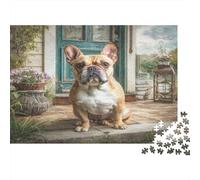 Pet Dog Premium Paper French Bulldog on Porch by Turquoise Door DIY Jigsaw Puzzle Decorative Stress Relief 38x26cm/1000pcs