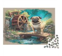 Pet Dog Sturdy Paper Pug on Stone Bridge by Watermill at Night Jigsaw Puzzle Stress Relief Home Decor 52x38cm/1000pcs