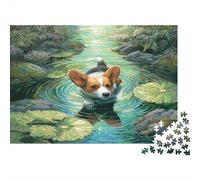 Pet Dog Thick Paper Corgi in Green Water with Lily Pads Jigsaw Puzzle Bundle Interactive Gift for Seniors 38x26cm/1000pcs