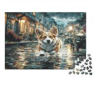 Pet Dog Thick Paper Corgi Running on Wet Street in Town at Night Jigsaw Puzzle Bundle Boredom Buster Puzzle Gift 70x50cm/1000pcs