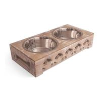 Pet Dog Water & Food Bowl Feeder Dish Elevated Raised Stainless Steel Metal Cups Set of 2 with Premium Wood Stand Rust Resistant Dry & Wet Food Grade, Weighted & Durable, No Spill, Natural Brown