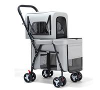 Pet Double Stroller with Mesh Windows for 2 Small/Medium Pets - Foldable Pet Travel Stroller for Cats and Dogs with Detachable Carrier, Sun Shades, and a Storage Pocket(Gray)