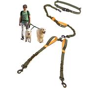 Pet Dreamland Hands Free Leash - for One/Two Medium to Large Dogs (up to 150lbs) - Running/Hiking/Dog Training - Heavy Duty Extra Long Bungee Lead - Waist Leashes for Dogs (Two Dogs, Khaki & Orange)