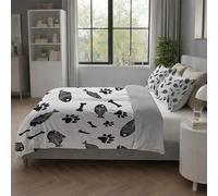 Pet Duvet Cover Set, Quilt Cover Bedding Set in Black White Microfibre with Pillowcases, King 230 X 220 cm, Cat paw Fish bone Print, Lightweight, Soft Touch, Easy Wash, Fade Resistant
