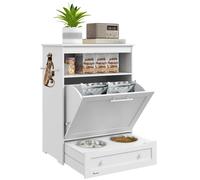 Pet Feeder Station White MDF 61x35.5x82cm Storage Cabinet with Bowls and Hooks.