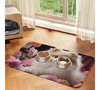 Pet Feeding Mat Absorbent Quick Dry Dog Food Mats Cute Non-Slip Rubber Pet Feeding Rug Pomeranian and Flowers Cat Water Bowl Mats Pet Placemat for Food Water 40x60cm