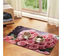 Pet Feeding Mat Absorbent Quick Dry Dog Food Mats Cute Non-Slip Rubber Pet Feeding Rug Roses and Heart Cat Water Bowl Mats Pet Placemat for Food Water 40x60cm