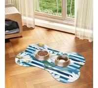 Pet Feeding Mat, Cat & Dog Mat For Food And Water Bowl | White Daisy Blue Stripe Bone Shaped Dog Cat Placemat Quick Dry, Pet Accessories Supplies 16"x24"