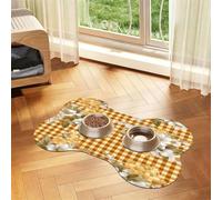 Pet Feeding Mat, Cat & Dog Mat For Food And Water Bowl | Yellow Checkered Daisy Bone Shaped Dog Cat Placemat Quick Dry, Pet Accessories Supplies 16"x24"
