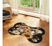 Pet Feeding Mat, Cat & Dog Mat For Food And Water Bowl | Yellow Sunflower White Daisy Pattern Bone Shaped Dog Cat Placemat Quick Dry, Pet Accessories Supplies 12"x19"