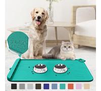 Pet Feeding Mat, Dog Food Mat, Silicone Pet Feeding Mats with Residue Collection Pocket, Waterproof Dog Cat Bowl Mats for Food and Water with Edge and Hook, Tray for Dog Bowls (Teal, 22''x14'')