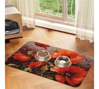 Pet Feeding Mat for Dog Bowls and Water Bowl Non Slip Pet Placemat Absorbent Cat Feeder Pad Oil Painting red Flower Pet Food Mat for Floors No Stains Dog Cat Water Bowl Mat 40x60cm