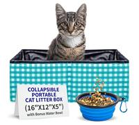 Pet Fit For Life - Vibrant Collapsible Travel Cat Litter Box - Portable, Foldable, Compact Design with Bonus Water Bowl - Ideal for Car & Camping - Reusable, Cats Safe - Teal, (16"x12"x5")