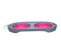 Pet Folding Double Bowl Portable Water Food Feeding Elevated Dog Cat Bowl Collapsible Travel Hiking Camping Silicone BPA Free 11.3x5.9x2.6in (Pink)