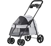 Pet Four-wheeled Stroller Dog Trolley Cat Carts Foldable for Medium Small Dogs Outgoing, Load Within 15kg,Gray