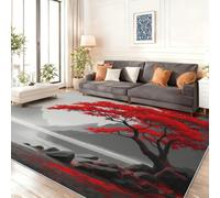 Pet Friendly Gray Red Area Rugs, Non-Slip Soft Low Pile Carpet for Kitchen Dining Room Laundry, Oriental landscape painting lake maple tree Printed Area Rug, Stain Resistant Floor Rug 60 x 120 cm
