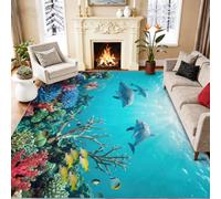 Pet Friendly Short Pile Nature Area Rugs 200 × 300 | Blue Non Shedding Area Rug, Easy to Vacuum, Tropical Ocean Dolphin Durable Surface Carpet, for Living Room