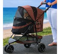 Pet Gear 3 Wheel Pet Stroller for Cats and Dogs, No Zipper, Easy to Fold with One Hand, Removable Liner, Cup Holder, Coffee Bean