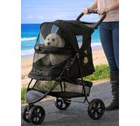 Pet Gear 3 Wheel Stroller for Cats and Dogs, No Zipper, Easy One-Hand Fold, Removable Liner, Cup Holder, Charcoal Black