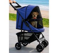 Pet Gear Happy Trails No Zip Pet Stroller for Cats/Dogs, Zipper-Free Entry, Easy Fold with Removable Liner, Storage Basket + Cup Holder, Caribbean Blue