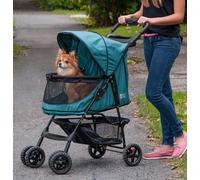Pet Gear No-Zip Happy Trails Pet Stroller for Cats/Dogs, Zipperless Entry, Easy Fold with Removable Liner, Safety Tether, Storage Basket + Cup Holder, Jade