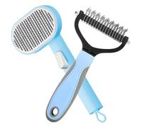 Pet Grooming Brush 2-Packs for Long or Short Haired Cats Dogs, Cat Brush for Shedding, Double Sided Undercoat Rake for Dogs, Cat Brush Self Cleaning Slicker Brush, Cat Brushes for Indoor Cats, Blue