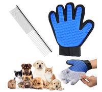 Pet Grooming Glove + Dog Combs 2-in-1 Stainless Steel Pet Comb, Professional Dog Comb, Cat Comb, Gentle Grooming Glove for Grooming with Glove for Dogs, Cats and Horses