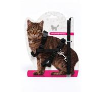 Pet Guru Cat Lead and Harness Set, Nylon, Fully Adjustable, Secure Buckle Clips, One Size Fits Most, for Outdoor Walking (Black)