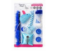Pet Guru It's Time to Play! Interactive Cat Toy Set, 8-Piece Value Pack, with Feather Wand, Mouse, Balls, and Fish Cushion (Blue)