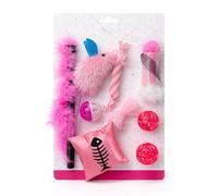 Pet Guru It's Time to Play! Interactive Cat Toy Set, 8-Piece Value Pack, with Feather Wand, Mouse, Balls, and Fish Cushion (Pink)