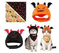 Pet Halloween Costume, Adjustable Orange Pumpkin and Little Devil Hat, with Two Square Scarves, Suitable for Halloween Decoration