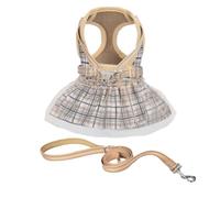 Pet Harness Dress Leash Set,Adjustable Breathable Mesh Dog Lace Plaid Princess Dress Daily Walking Vest Tutu Harness for Cat Puppy Small Medium Dogs_XS(Brown)