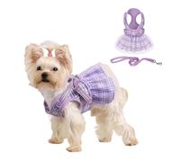 Pet Harness Dress Leash Set,Adjustable Breathable Mesh Dog Lace Plaid Princess Dress Daily Walking Vest Tutu Harness for Cat Puppy Small Medium Dogs_M(Purple)