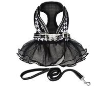 Pet Harness Dress Leash Set,Adjustable Breathable Mesh Dog Lace Plaid Princess Dress Daily Walking Vest Tutu Harness for Cat Puppy Small Medium Dogs_XXS(Black)