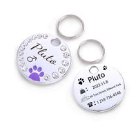 Pet ID Tags,Personalized Dog and Cat Tags,Pet Loss Prevention ID Tag, Custom Engraved Pet Information, Round Starlight Paw Print Tags (Diamond Model)