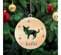 Pet-Jos Personalised Chihuahua Christmas Tree Decoration with Dog's Name, Wooden Tree Ornament, Engraved Pet Name Christmas Bauble Gift Card Insert for Family and Friends