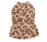 Pet Leopard Dress with D-Ring,Cat Dog Fleece Winter Warm Vest Coat,Dog Cold Weather Pullover Princess Dress for Cat Puppy Small Medium Dog_S(Khaki)