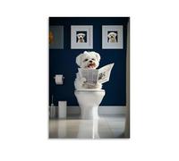 Pet Lover Maltese Dog Canvas Wall Art Poster Funny Animal Reading Newspaper on Toilet Art for Bathroom Bedroom Wall Decoration 12x18inch(30x45cm)