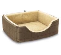 Pet Luxury Haven Square Fleece Lined Dog Bed 5 Sizes in our Avondale in Classic Check: Brown-Burgundy Size Medium - 61cm x 53cm
