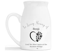 Pet Memorial Flower Vase - Personalised Pet Loss Gift Ceramic Customised Milk Jug - Rainbow Bridge Dog Rememberance Cat Bereavement Keepsake - White 450ml
