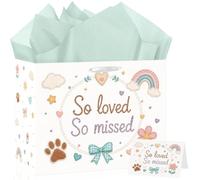 Pet Memorial Gift Bag with Tissue Paper and Greeting Card, Pet Loss Sympathy Present Bag with Handles, So Loved So Missed Paw Print and Rainbow Theme Celebration Condolence Wrapping Set for Dog Cat
