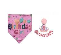 Pet Neck Size Adjustable Hat Birthday Dog Party Accessory Bib Tie Number Reusable Elastic Cord Comfortable Celebration Soft Lightweight Gold Fabric Pink