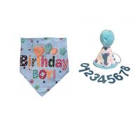 Pet Neck Size Adjustable Hat Birthday Dog Party Accessory Bib Tie Number Reusable Elastic Cord Comfortable Celebration Soft Lightweight Gold Fabric Blue