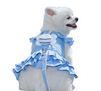 Pet No Pull Harness Set,Cat Dog Denim Dress with D-Ring Leash Bee Pin,Mesh Padded Puppy Harness Princess Dress for Training Walking_S(Blue)